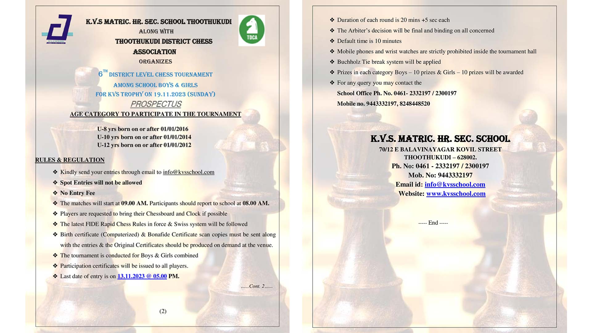 6th District Level Chess Tournament – Prospectus